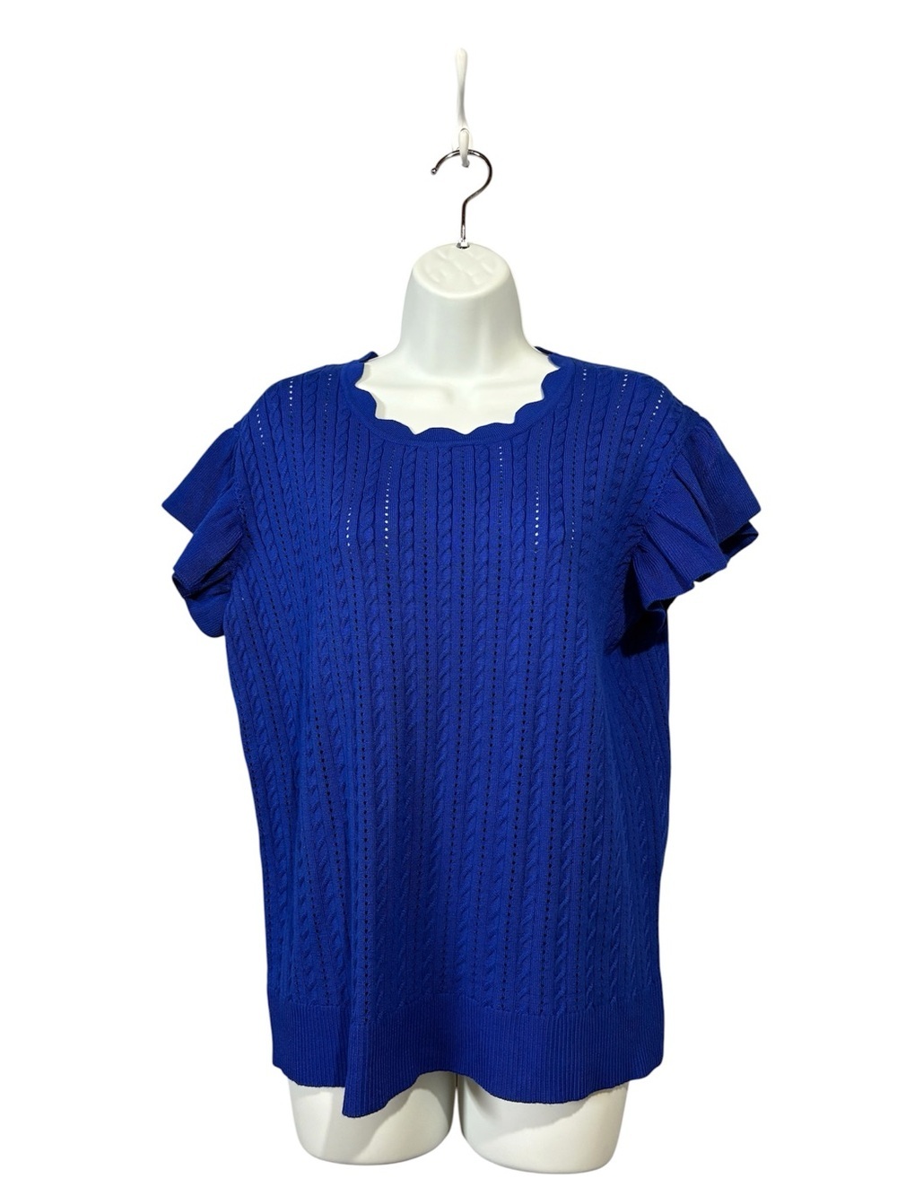 NEW, Cable & Gauge, XL, Knit Top Blue Scalloped Neck Flutter Sleeve - Picture 4 of 9